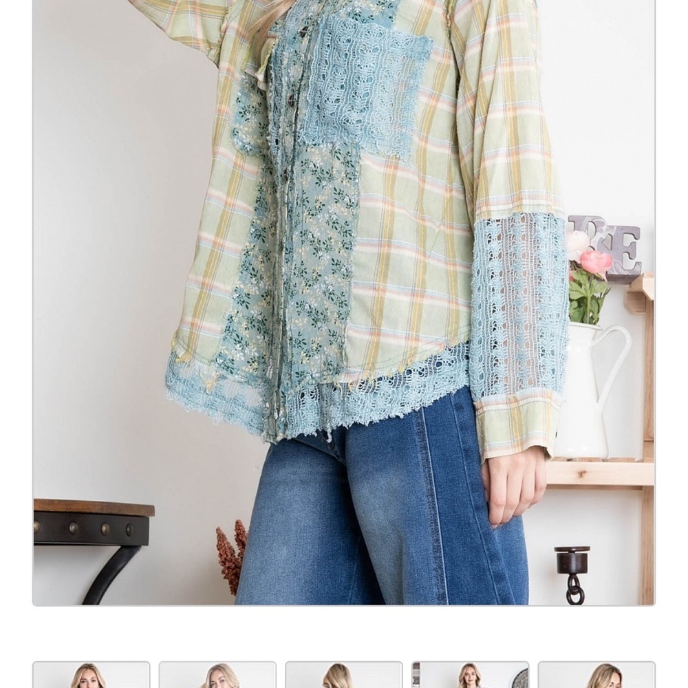 Bluevelvet Patchwork Button Down Shirt - Blue And… - image 2